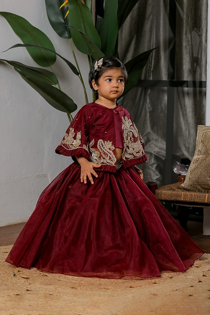 Wine Satin Jacket Lehenga Set For Girls by Li'l Angels at Pernia's Pop Up Shop