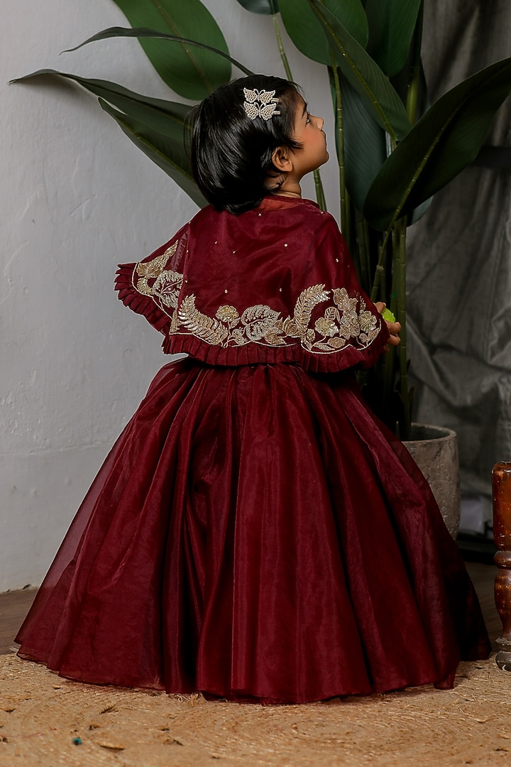 Wine Satin Jacket Lehenga Set For Girls by Li'l Angels at Pernia's Pop Up Shop