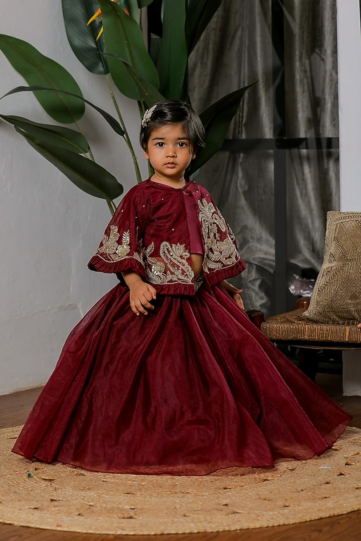 Wine Satin Jacket Lehenga Set For Girls by Li'l Angels at Pernia's Pop Up Shop