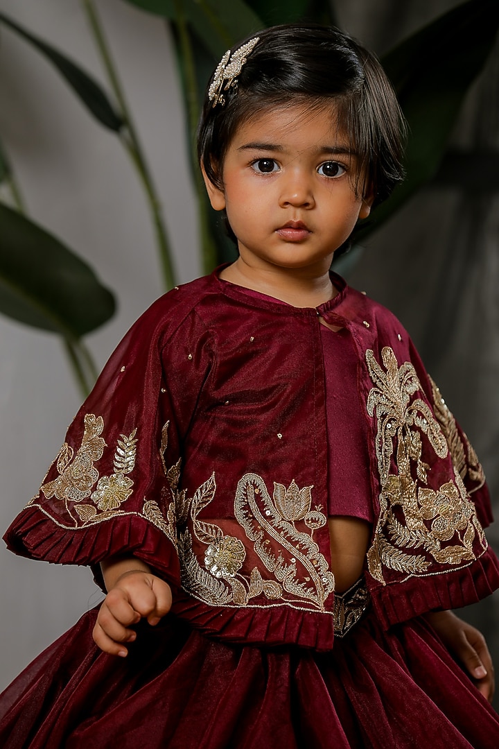 Wine Satin Jacket Lehenga Set For Girls by Li'l Angels at Pernia's Pop Up Shop
