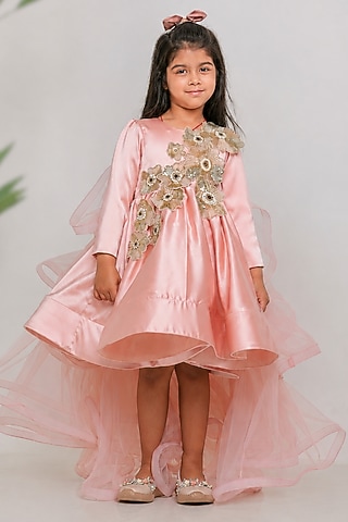 Peach Satin Cutdana Floral Work Ruffled Dress For Girls by Li'l Angels