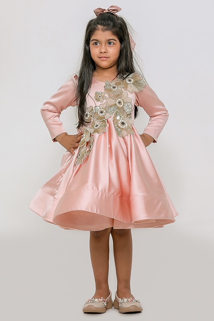 Peach Satin Cutdana Floral Work Ruffled Dress For Girls by Li'l Angels at Pernia's Pop Up Shop