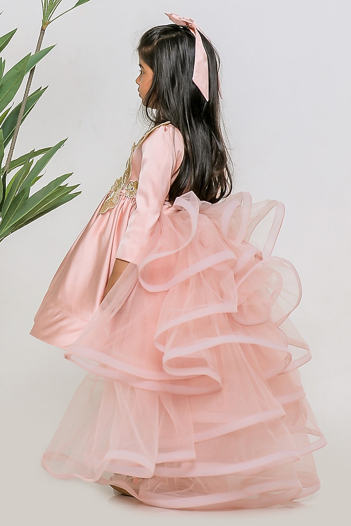 Peach Satin Cutdana Floral Work Ruffled Dress For Girls by Li'l Angels at Pernia's Pop Up Shop