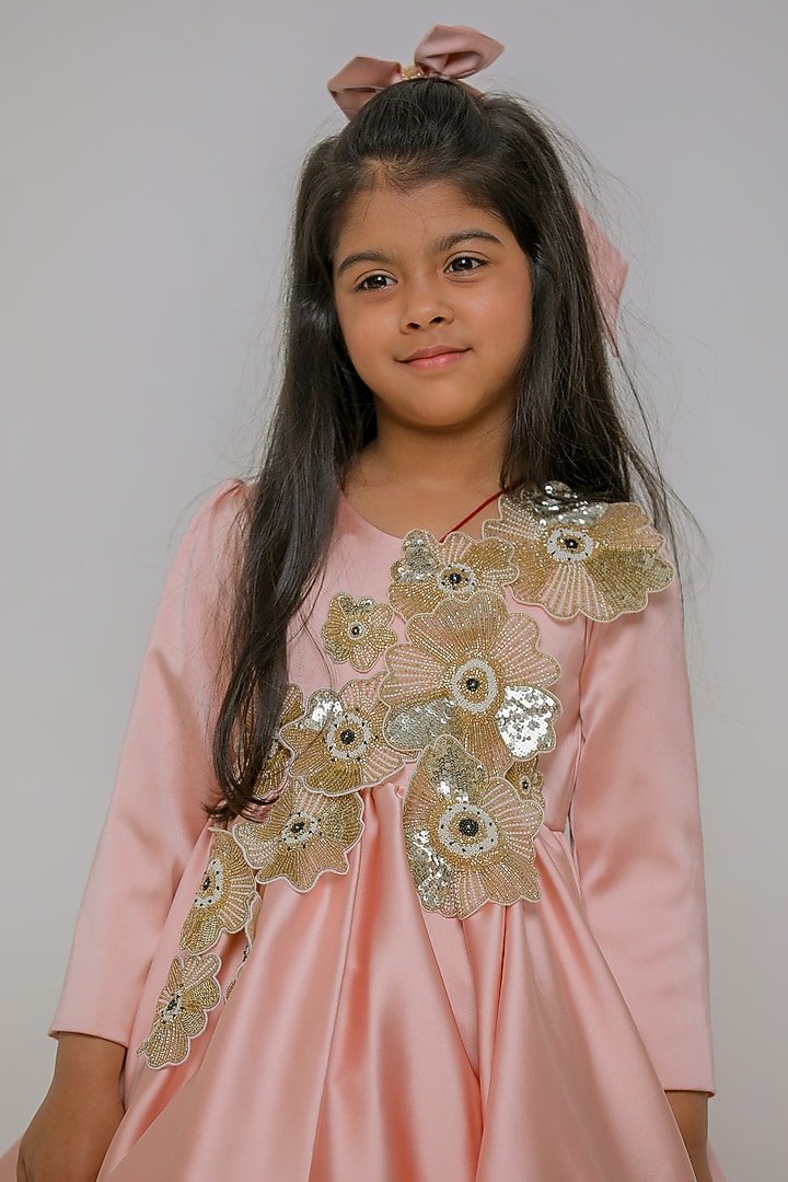 Peach Satin Cutdana Floral Work Ruffled Dress For Girls by Li'l Angels at Pernia's Pop Up Shop