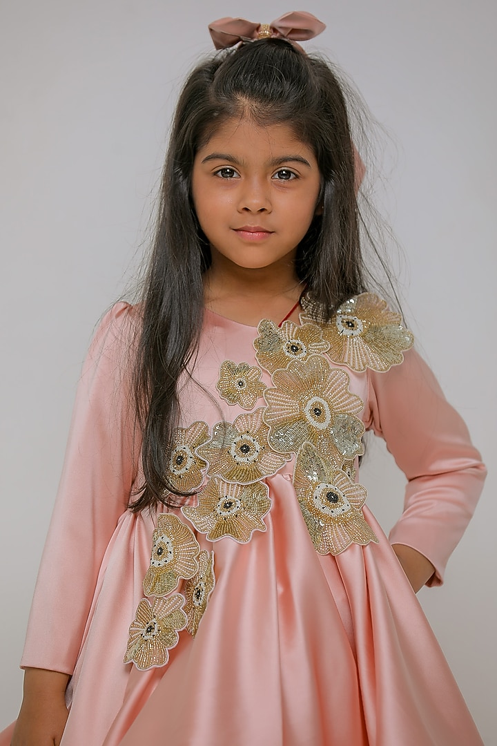 Peach Satin Cutdana Floral Work Ruffled Dress For Girls by Li'l Angels at Pernia's Pop Up Shop