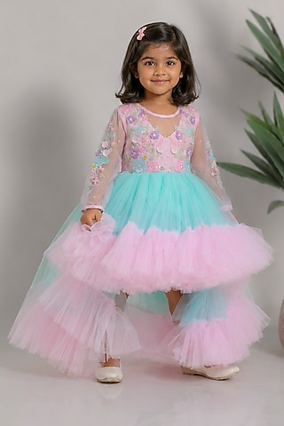 Pink & Blue Net High-Low Dress For Girls by Li'l Angels