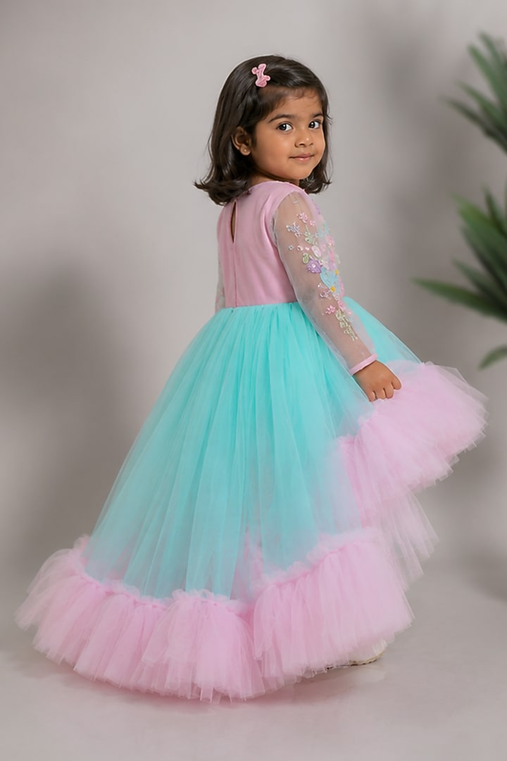 Pink & Blue Net High-Low Dress For Girls by Li'l Angels at Pernia's Pop Up Shop