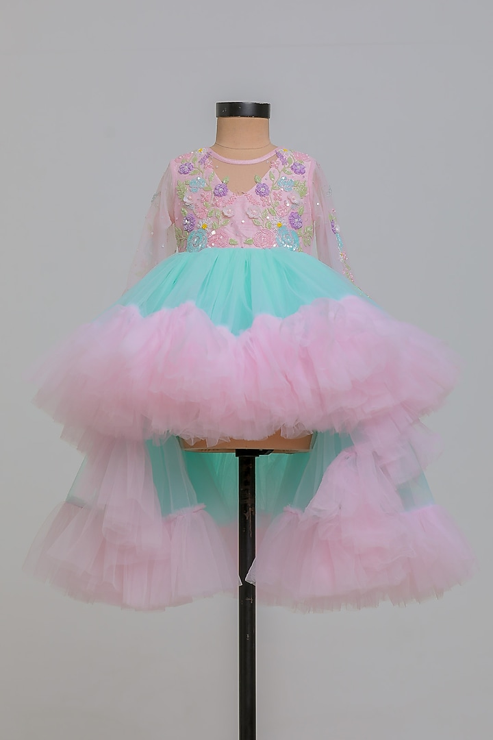 Pink & Blue Net High-Low Dress For Girls by Li'l Angels at Pernia's Pop Up Shop
