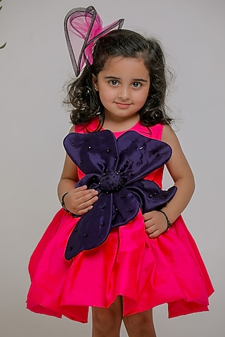 Pink & Blue Silk Dress For Girls by Li'l Angels