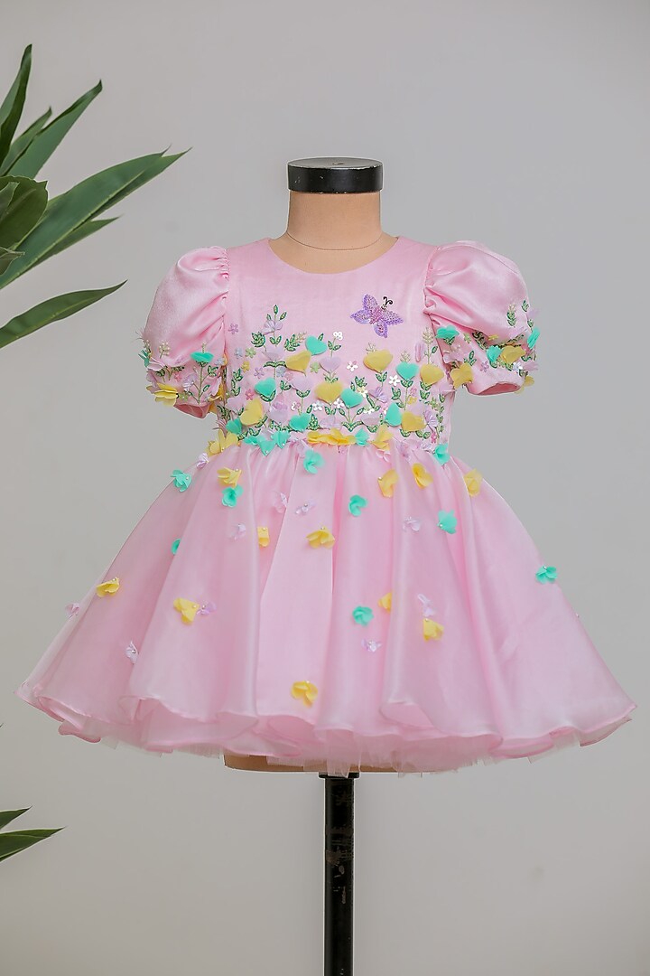 Pink Satin Organza Embroidered Dress For Girls by Li'l Angels at Pernia's Pop Up Shop