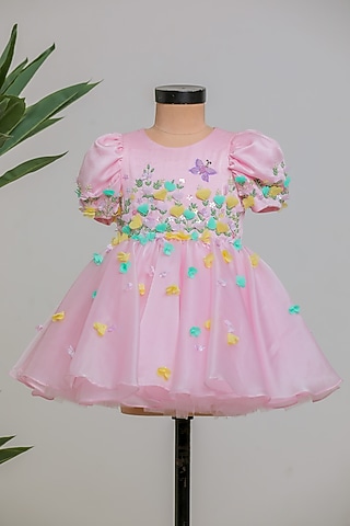Pink Satin Organza Embroidered Dress For Girls by Li'l Angels