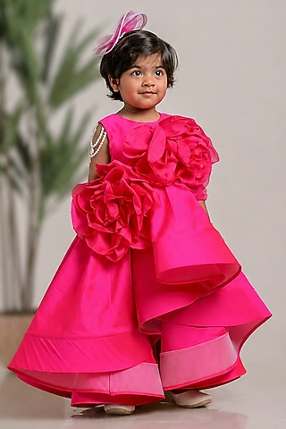 Pink Silk High-Low Floral Gown For Girls by Li'l Angels