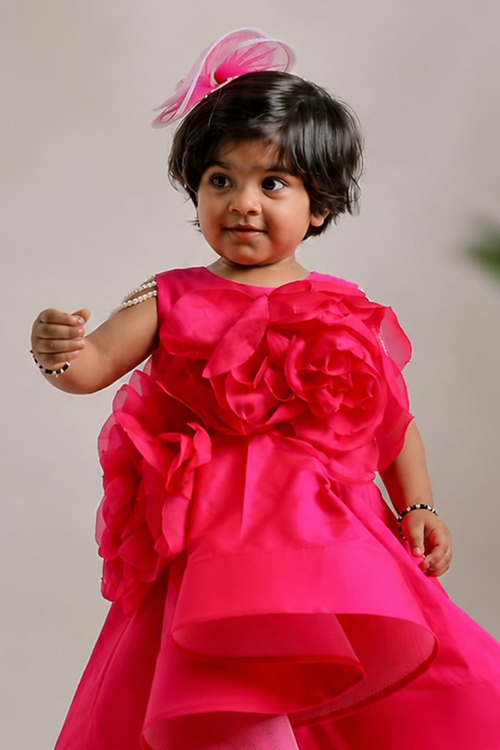 Pink Silk High-Low Floral Gown For Girls by Li'l Angels at Pernia's Pop Up Shop