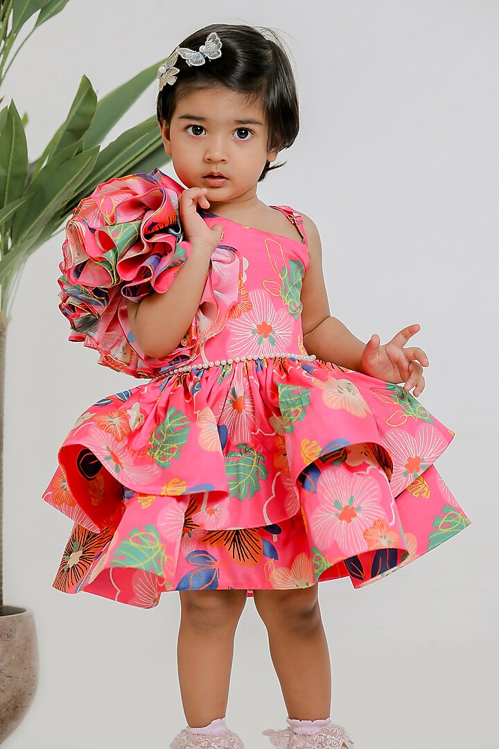 Pink Muslin Printed One-Shoulder Dress For Girls by Li'l Angels at Pernia's Pop Up Shop