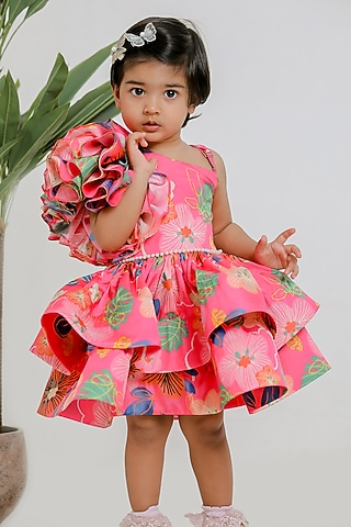 Pink Muslin Printed One-Shoulder Dress For Girls by Li'l Angels