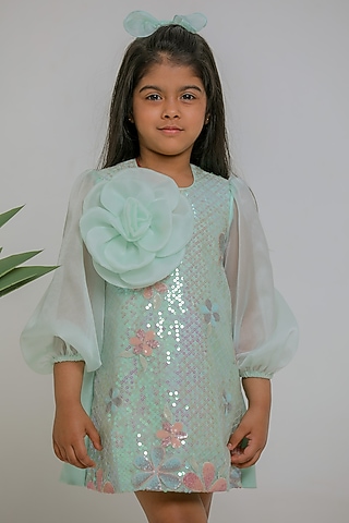 Sea Green Organza Floral Sequins Work Straight Dress For Girls by Li'l Angels