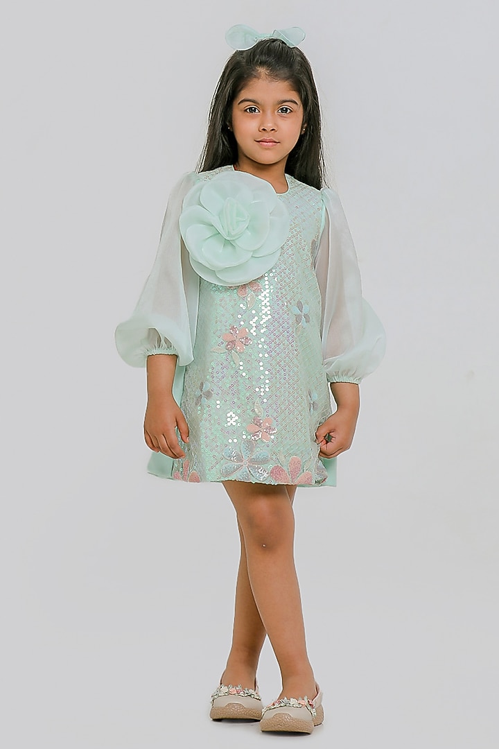 Sea Green Organza Floral Sequins Work Straight Dress For Girls by Li'l Angels at Pernia's Pop Up Shop