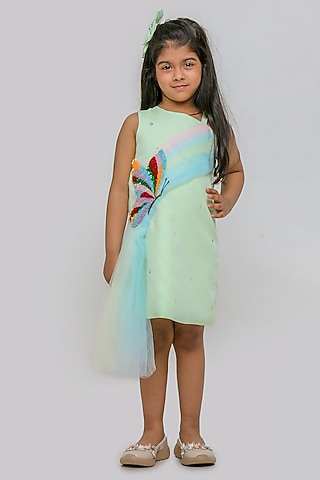 Sea Green Banana Crepe Butterfly Draped Dress For Girls by Li'l Angels