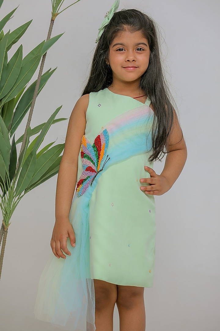 Sea Green Banana Crepe Butterfly Draped Dress For Girls by Li'l Angels at Pernia's Pop Up Shop
