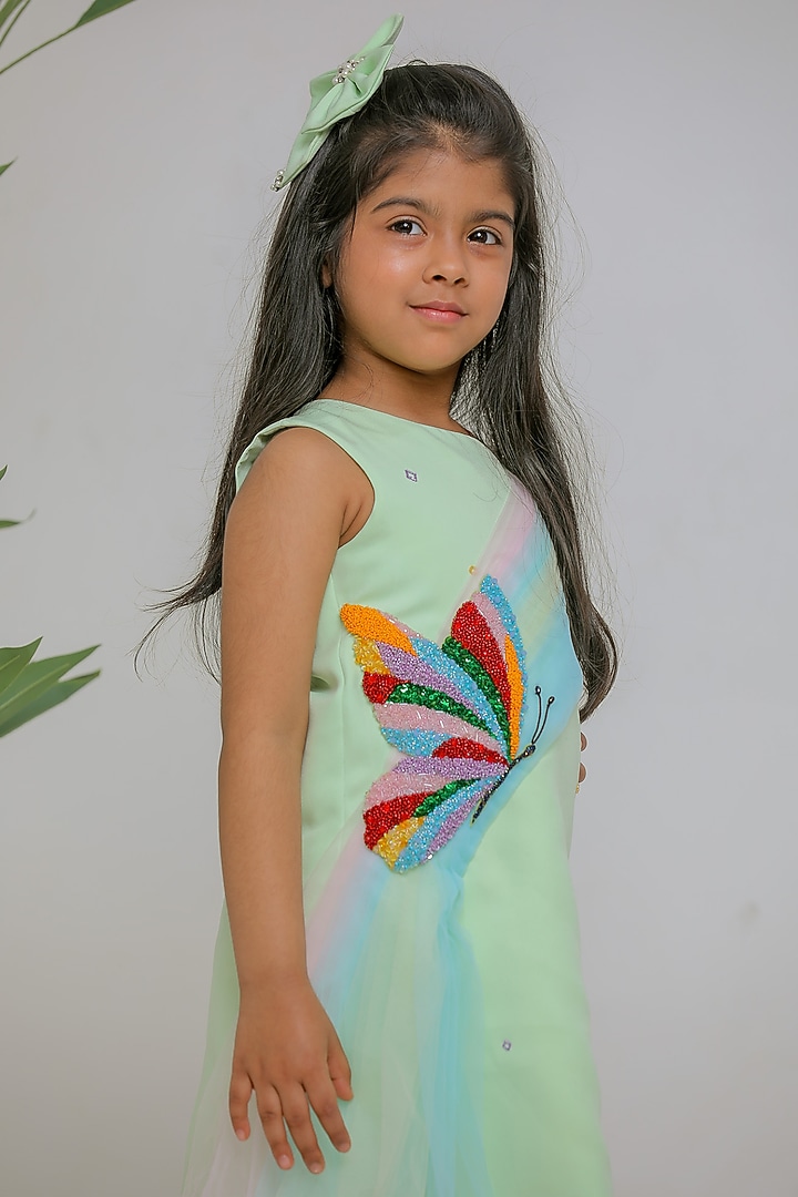 Sea Green Banana Crepe Butterfly Draped Dress For Girls by Li'l Angels at Pernia's Pop Up Shop