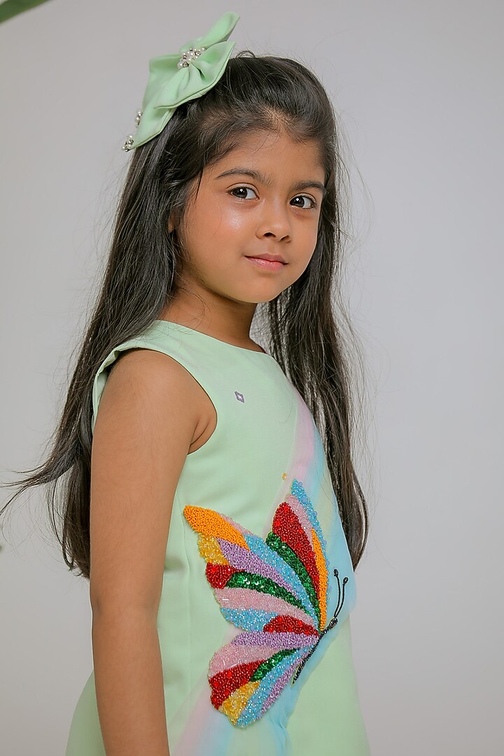 Sea Green Banana Crepe Butterfly Draped Dress For Girls by Li'l Angels at Pernia's Pop Up Shop