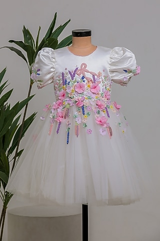 White Silk & Net Dress For Girls by Li'l Angels