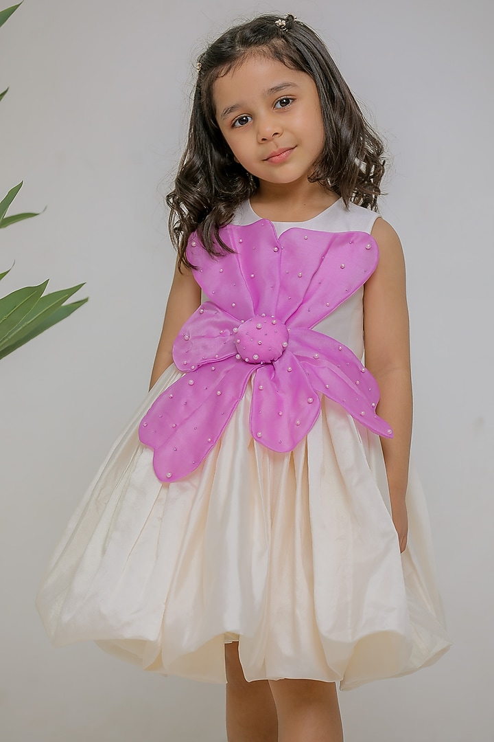 White & Lilac Silk Floral Dress For Girls by Li'l Angels at Pernia's Pop Up Shop