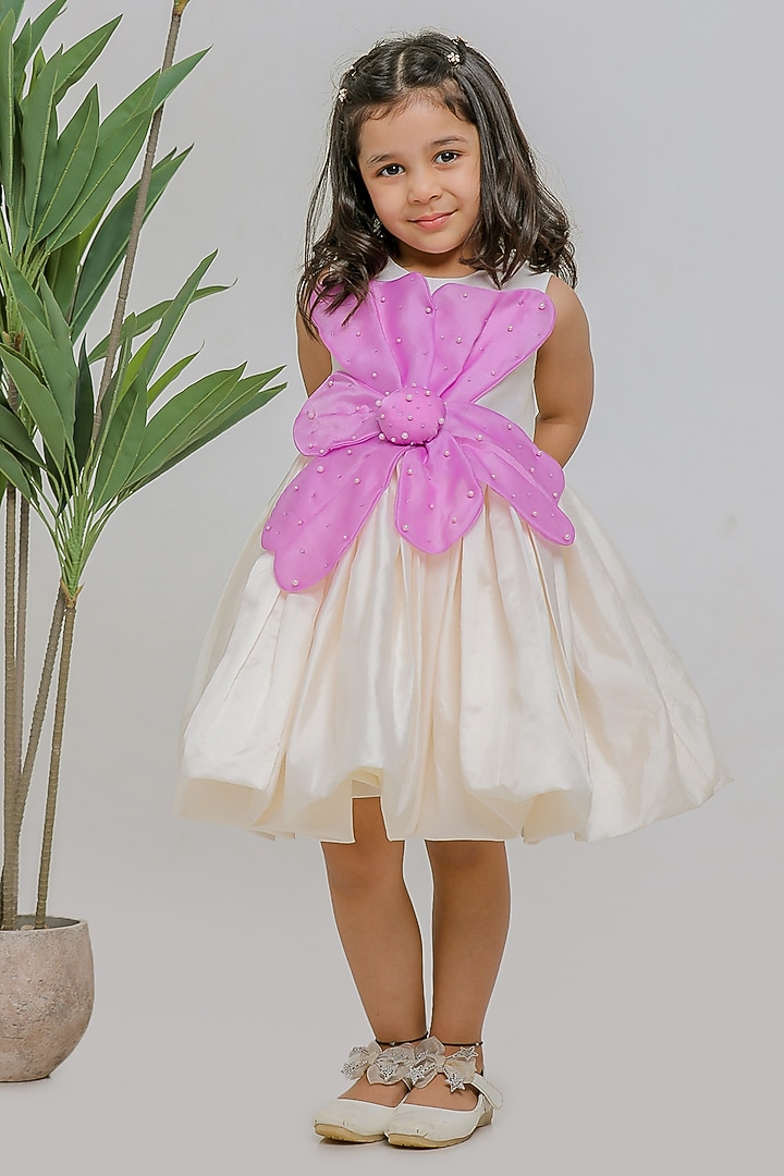 White & Lilac Silk Floral Dress For Girls by Li'l Angels at Pernia's Pop Up Shop
