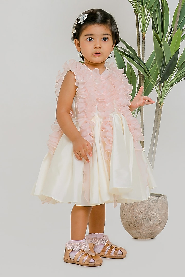 White & Pink Silk Ruched Dress For Girls by Li'l Angels at Pernia's Pop Up Shop