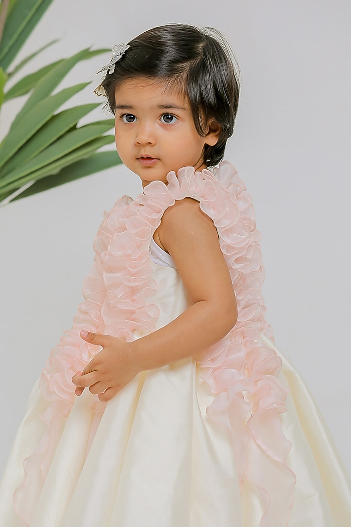 White & Pink Silk Ruched Dress For Girls by Li'l Angels at Pernia's Pop Up Shop