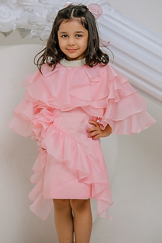 Peach Satin Organza Dress For Girls by Li'l Angels