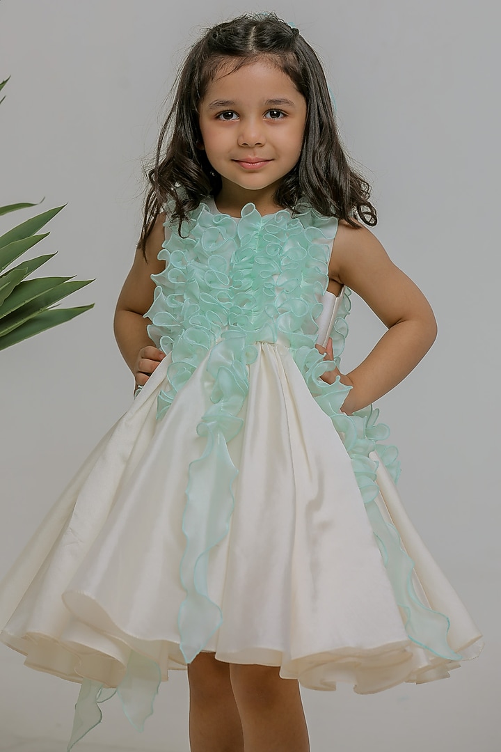 White & Blue Silk Ruched Dress For Girls by Li'l Angels at Pernia's Pop Up Shop