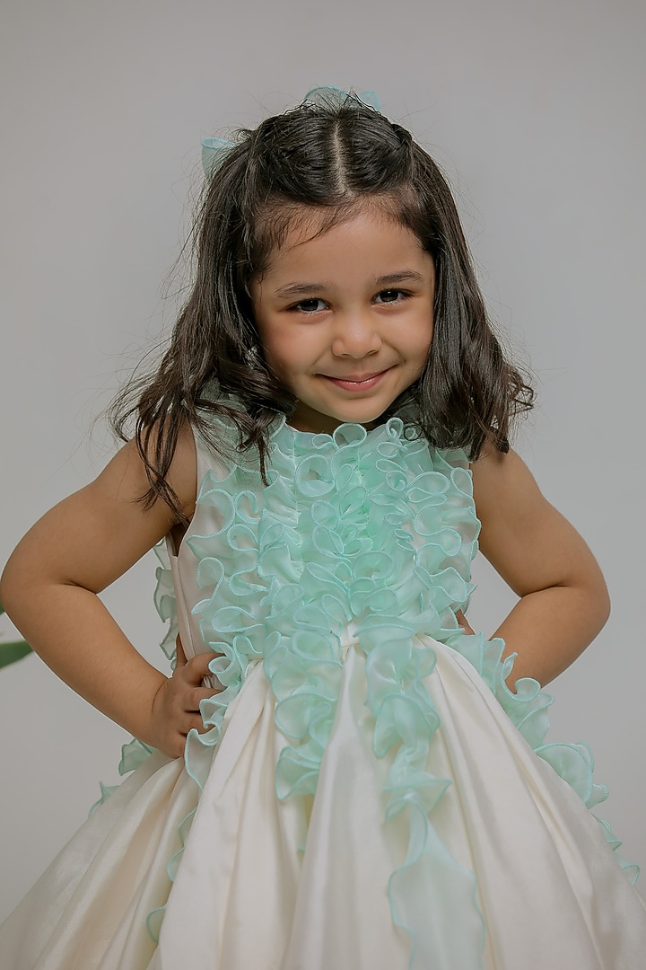 White & Blue Silk Ruched Dress For Girls by Li'l Angels at Pernia's Pop Up Shop