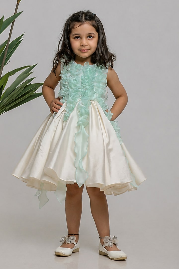 White & Blue Silk Ruched Dress For Girls by Li'l Angels at Pernia's Pop Up Shop