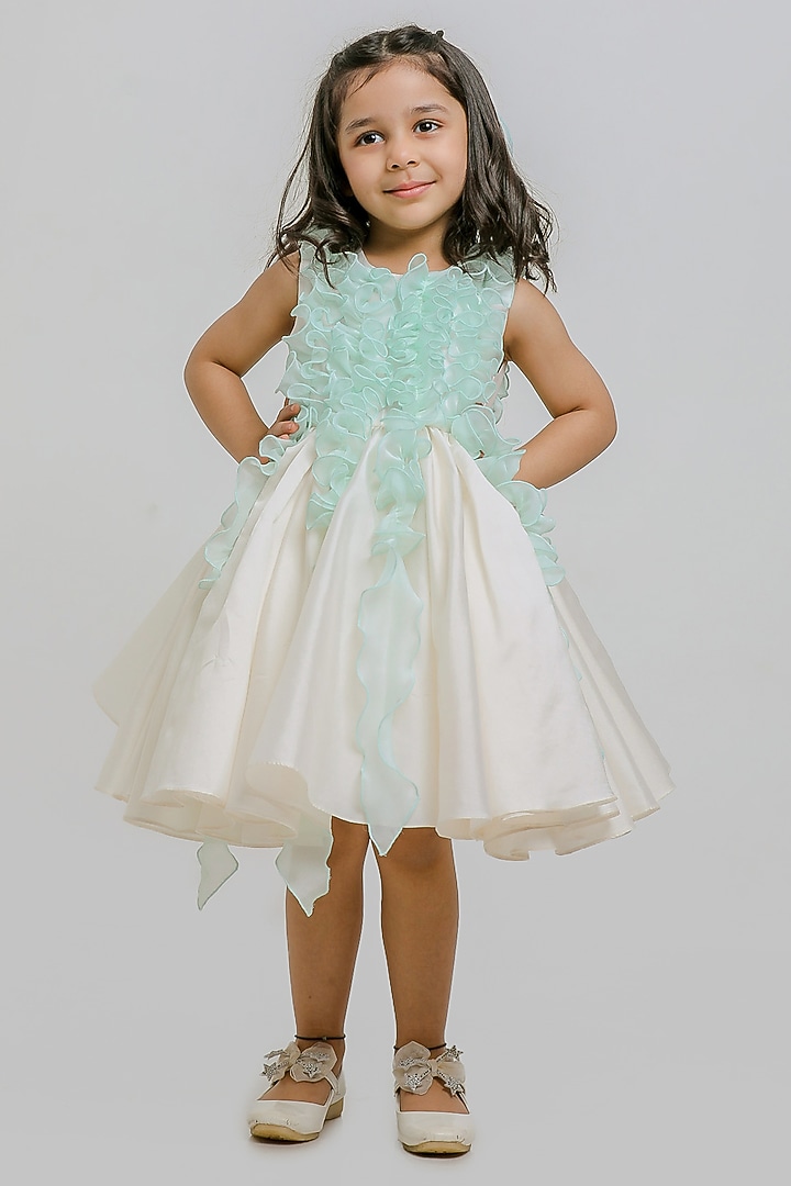 White & Blue Silk Ruched Dress For Girls by Li'l Angels at Pernia's Pop Up Shop