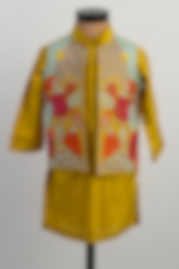 Mustard Silk Applique Embroidered Bundi Jacket Set For Boys by Li'l Angels at Pernia's Pop Up Shop