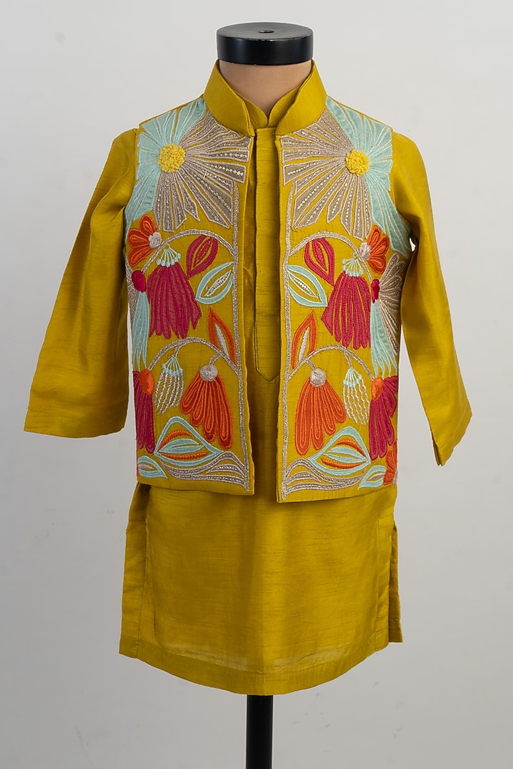 Mustard Silk Applique Embroidered Bundi Jacket Set For Boys by Li'l Angels at Pernia's Pop Up Shop