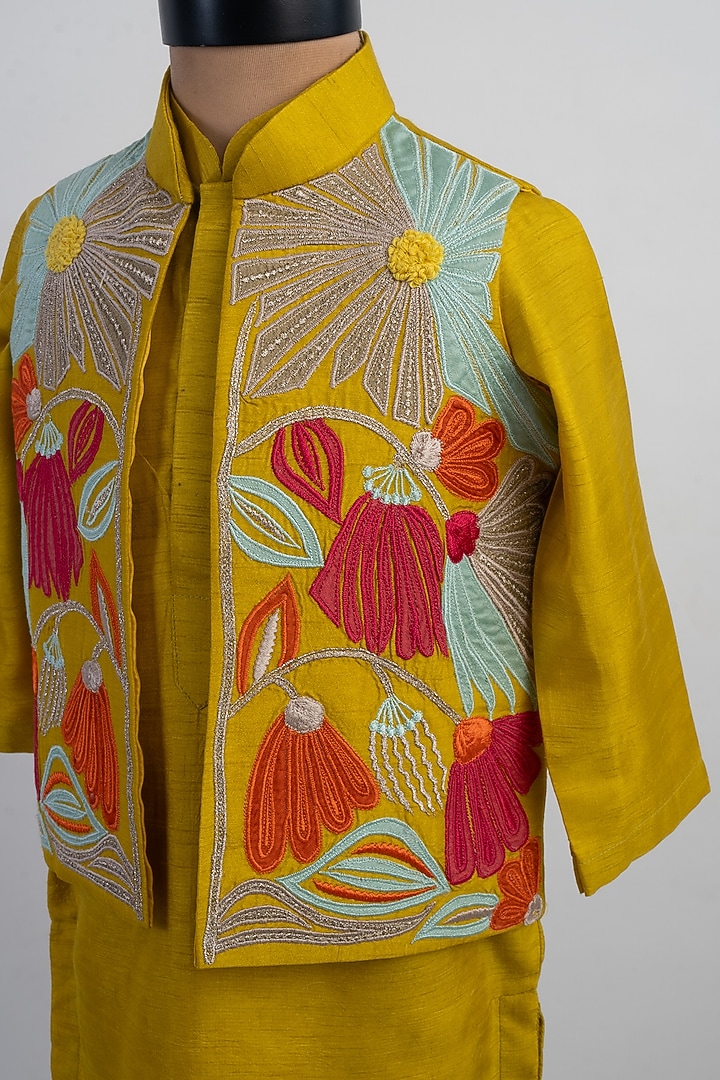Mustard Silk Applique Embroidered Bundi Jacket Set For Boys by Li'l Angels at Pernia's Pop Up Shop