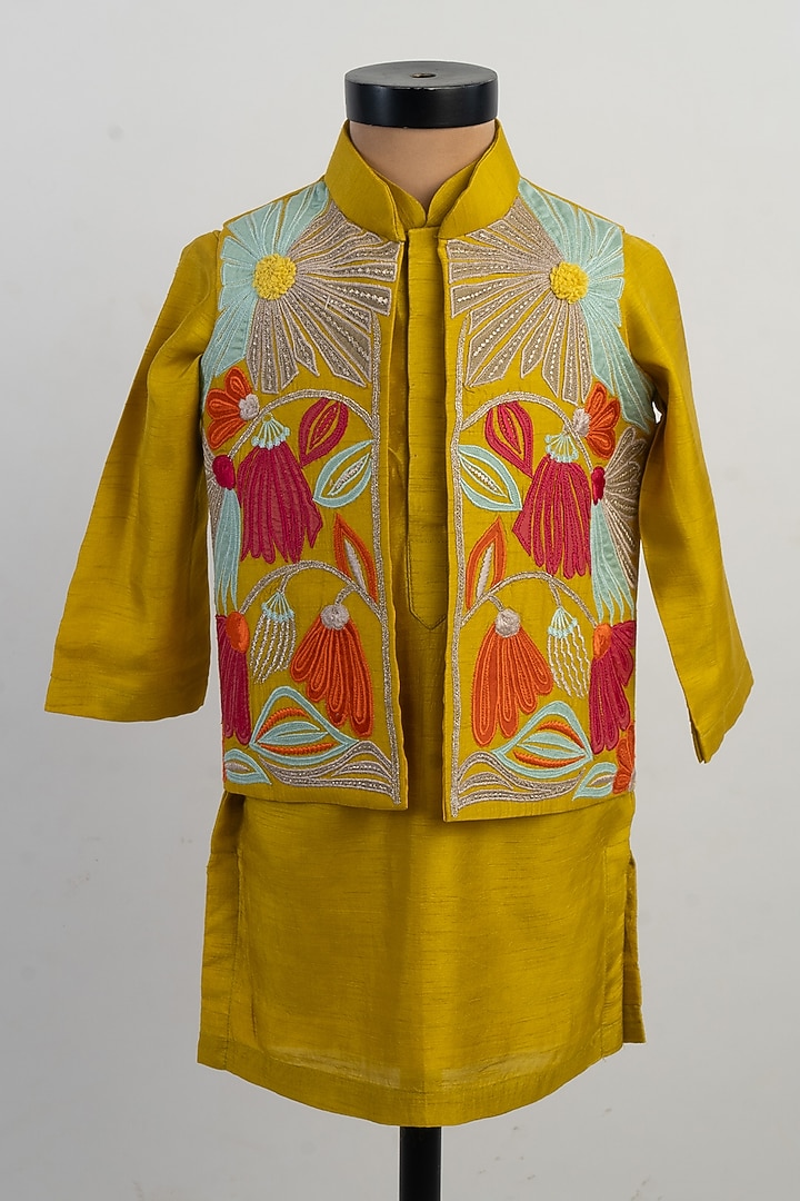 Mustard Silk Applique Embroidered Bundi Jacket Set For Boys by Li'l Angels at Pernia's Pop Up Shop
