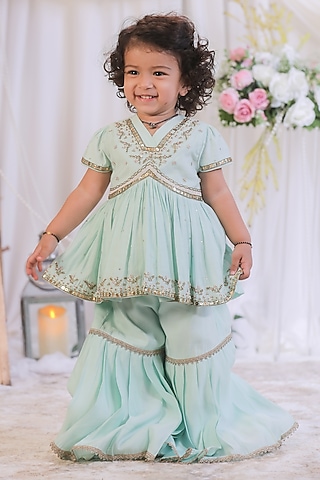 Blue Silk Sequin Embroidered Sharara Set For Girls by Li'l Angels