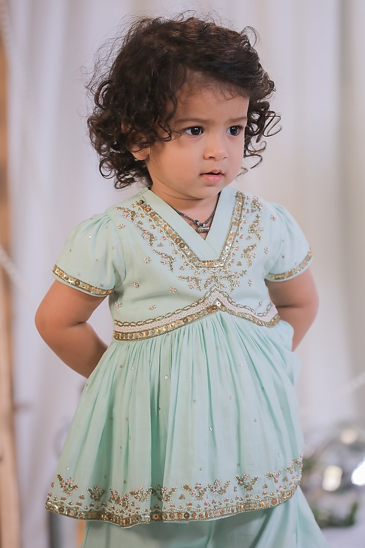 Blue Silk Sequin Embroidered Sharara Set For Girls by Li'l Angels at Pernia's Pop Up Shop