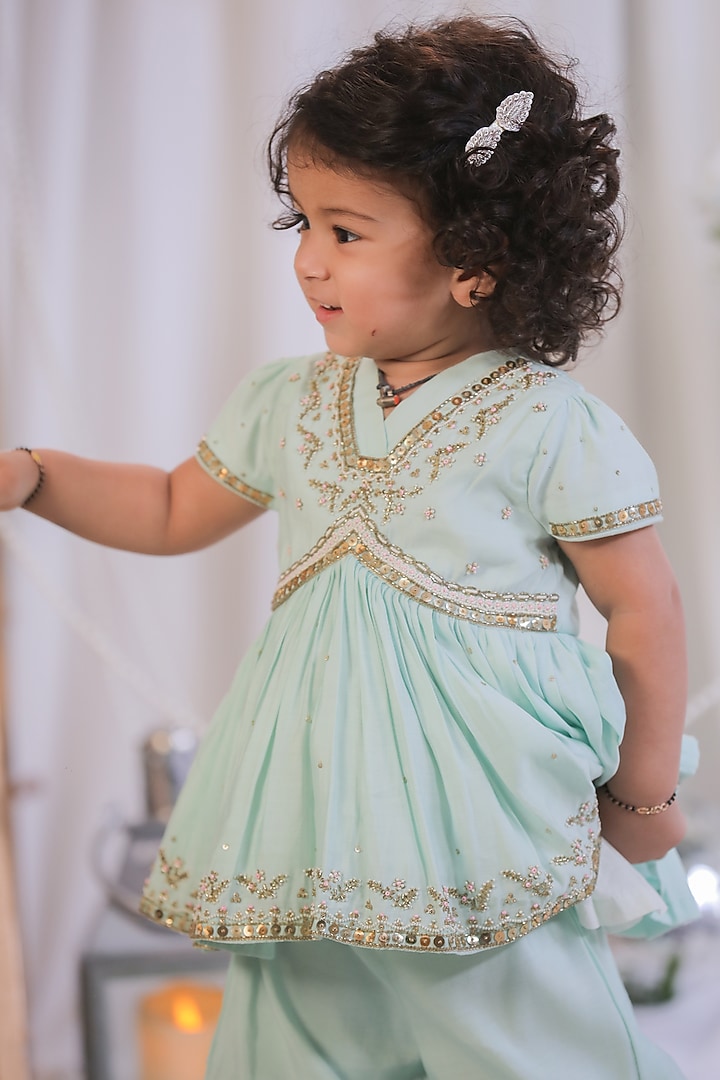 Blue Silk Sequin Embroidered Sharara Set For Girls by Li'l Angels at Pernia's Pop Up Shop