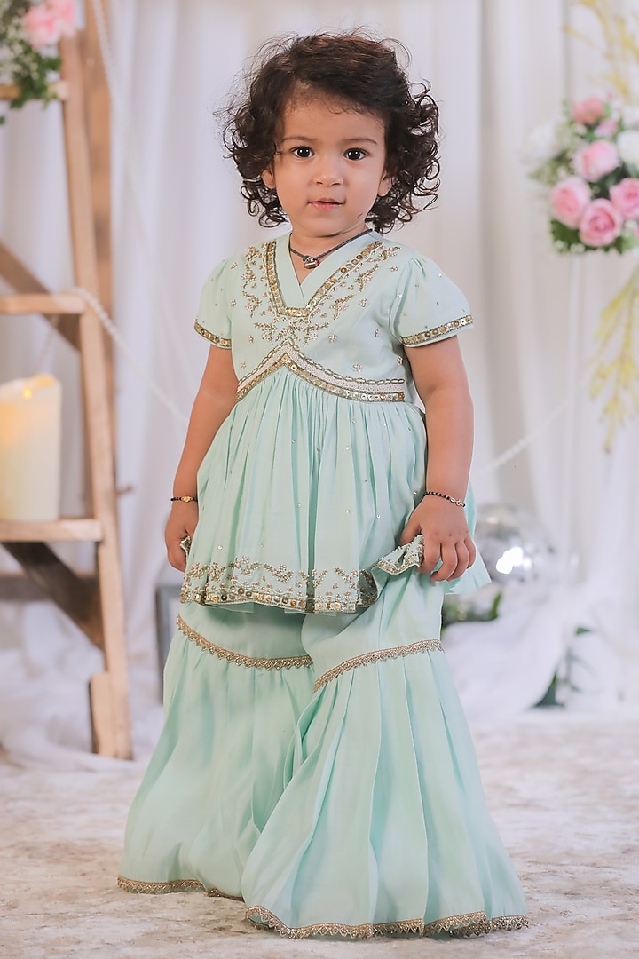 Blue Silk Sequin Embroidered Sharara Set For Girls by Li'l Angels at Pernia's Pop Up Shop