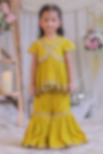 Mustard Silk Sequin Embroidered Sharara Set For Girls by Li'l Angels at Pernia's Pop Up Shop