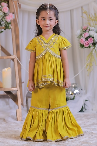 Mustard Silk Sequin Embroidered Sharara Set For Girls by Li'l Angels