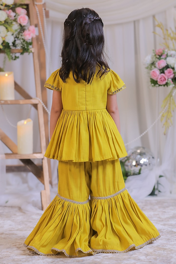 Mustard Silk Sequin Embroidered Sharara Set For Girls by Li'l Angels at Pernia's Pop Up Shop