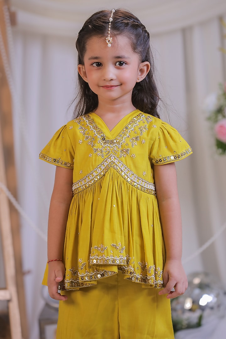 Mustard Silk Sequin Embroidered Sharara Set For Girls by Li'l Angels at Pernia's Pop Up Shop
