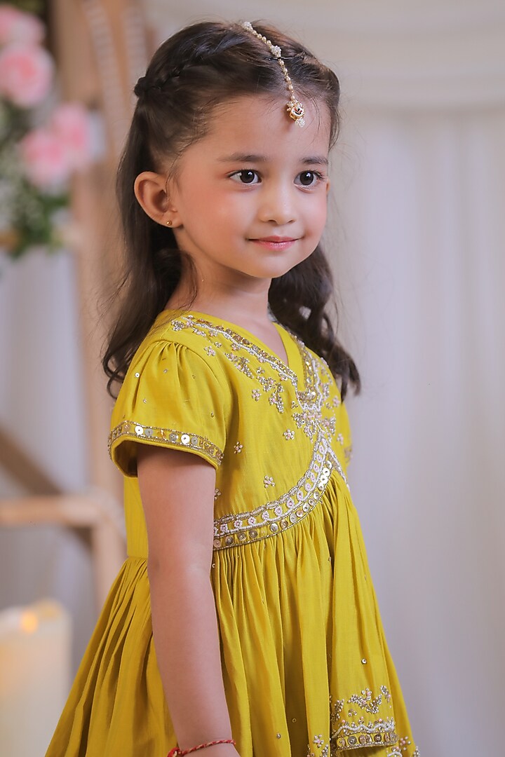 Mustard Silk Sequin Embroidered Sharara Set For Girls by Li'l Angels at Pernia's Pop Up Shop
