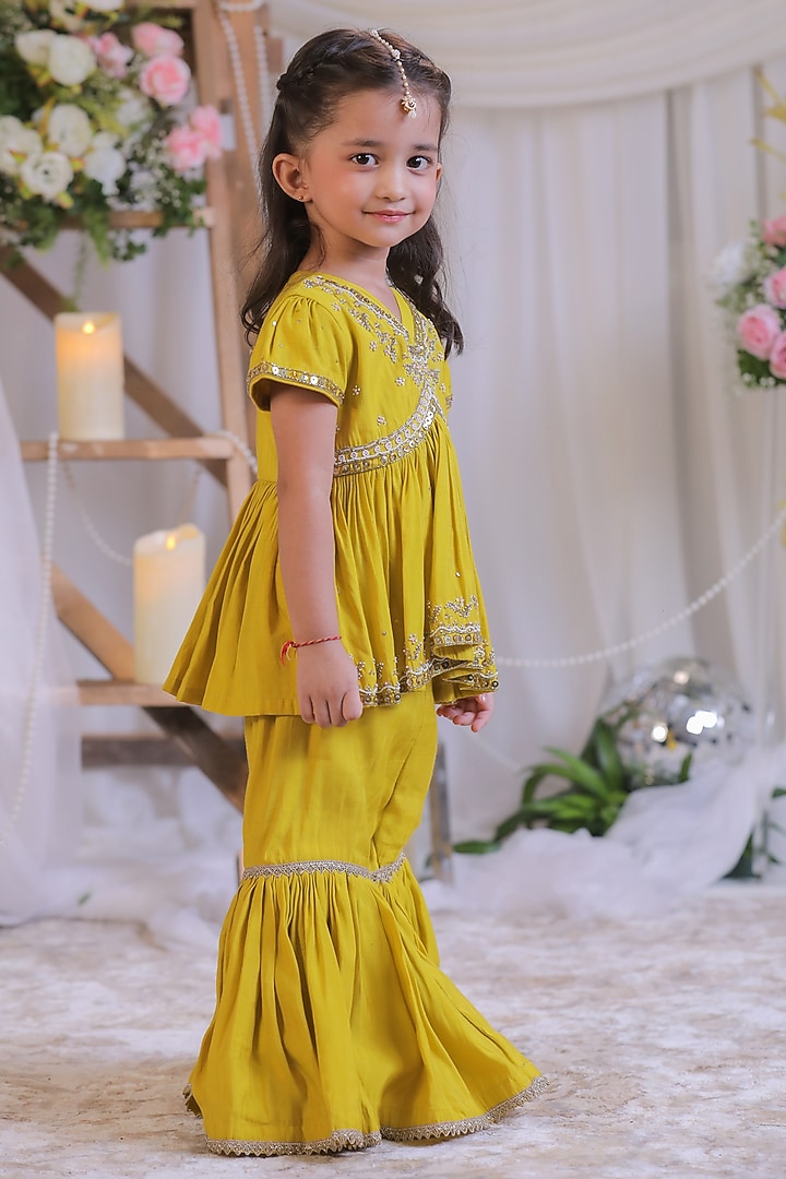 Mustard Silk Sequin Embroidered Sharara Set For Girls by Li'l Angels at Pernia's Pop Up Shop