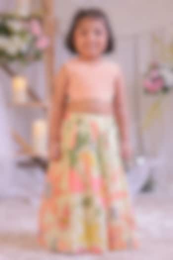 Peach Silk Floral Printed Lehenga Set For Girls by Li'l Angels at Pernia's Pop Up Shop
